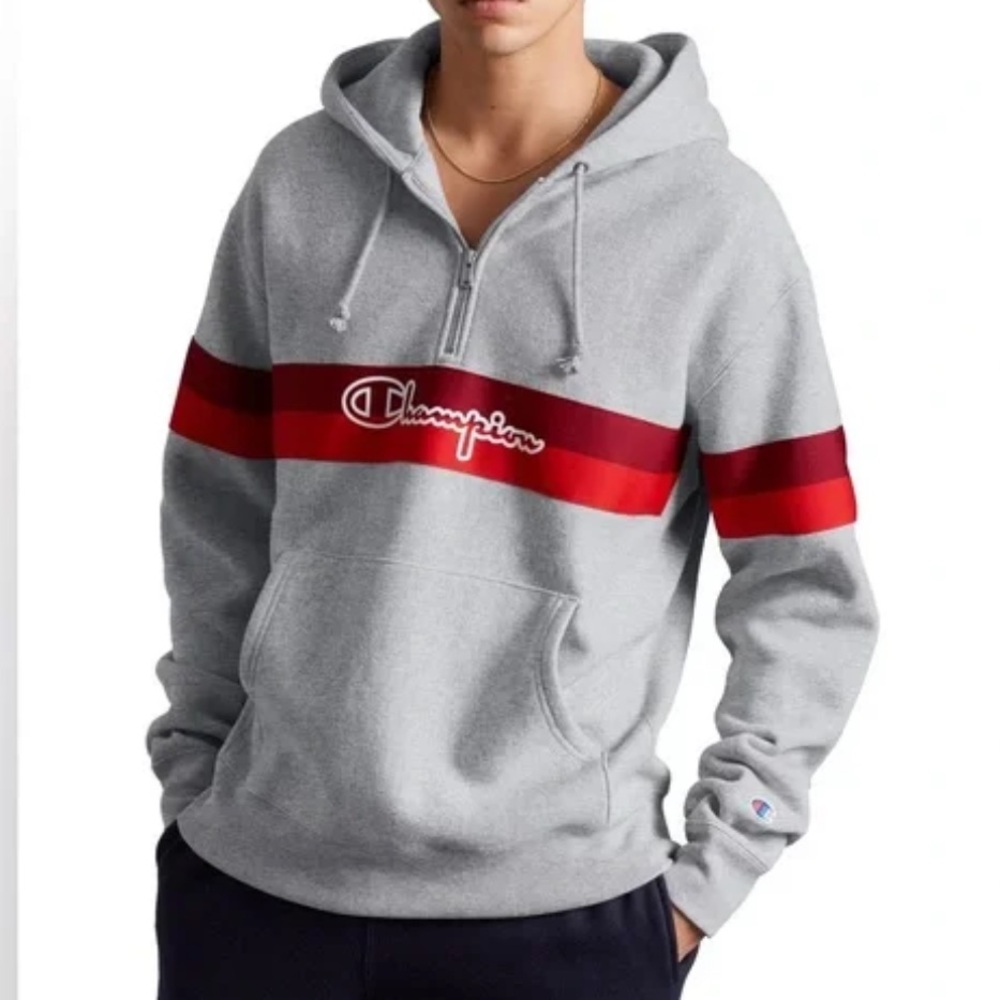 Men’s Champion reverse weave quarter zip red striped hoodie small NWOT